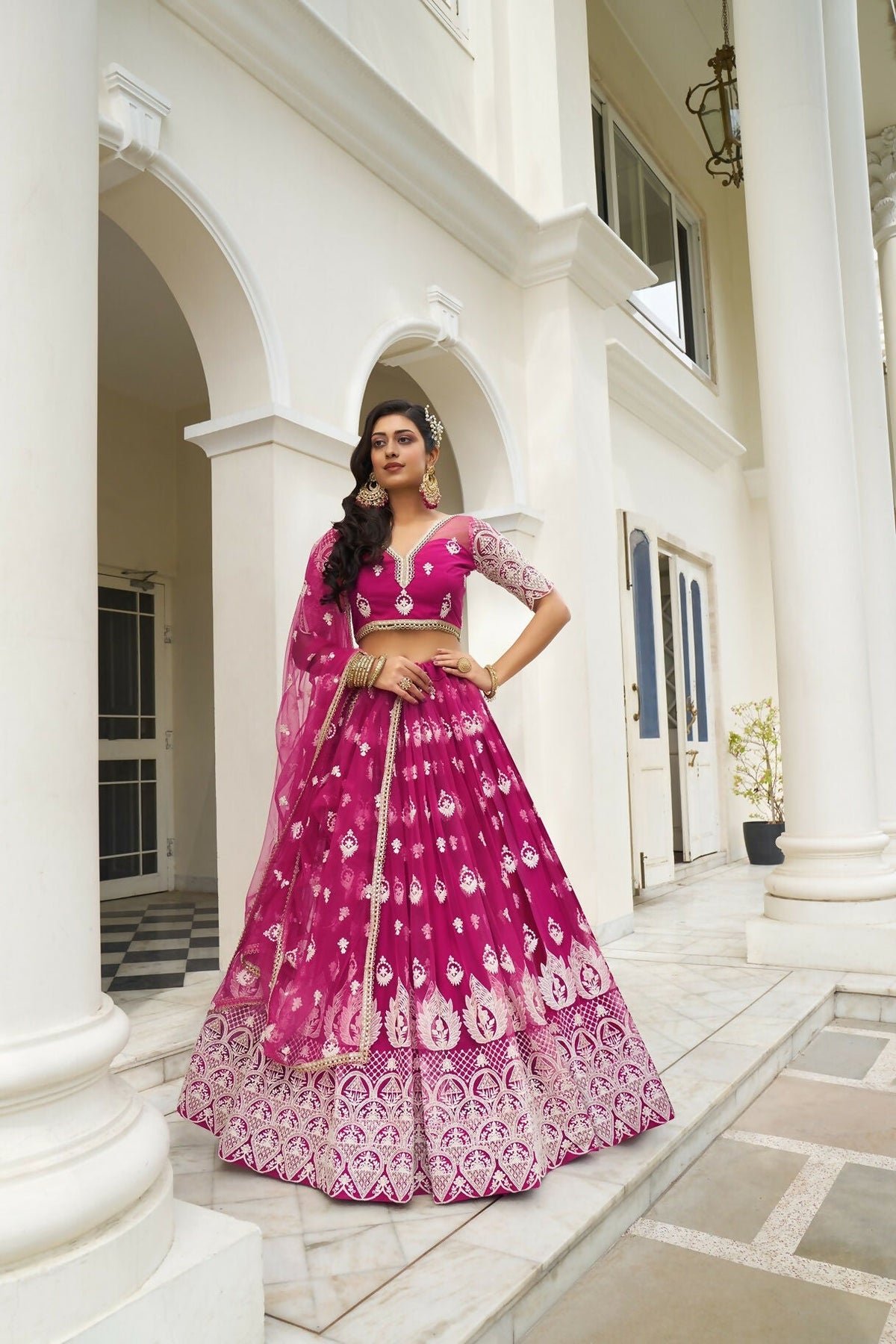 Eilara Glamorous Dark Pink Butterfly Net With Thread And Sequence Embroidered Work Fancy Lace Lehenga Choli For Wedding | Grocsy