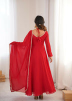 The52 Women's Gorgeous Solid Fox Blooming Georgette Fabric Flared Anarkali and Dupatta Set-Red | Grocsy