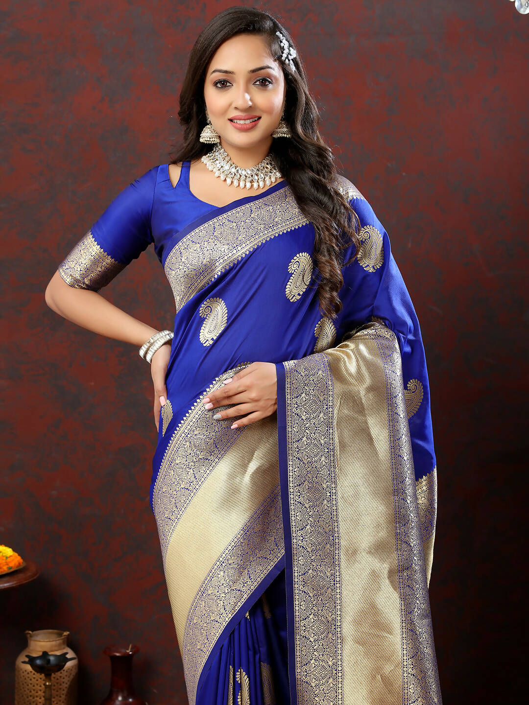 Lorenvalley Fashion Blue Soft Silk Woven Design Gold Zari Weaving Saree | Grocsy