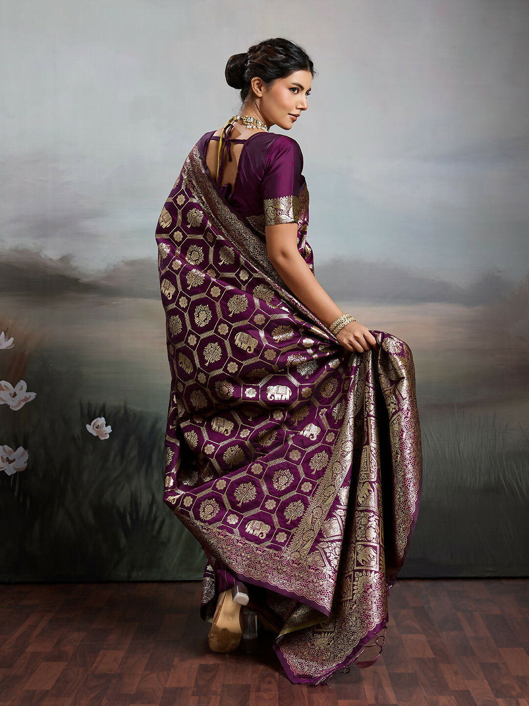 Shree Shyam Fashion Wine Silk Blend Saree | Grocsy