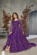 Anaita Purple Embroidered Net Stitched Anarkali suit | Grocsy