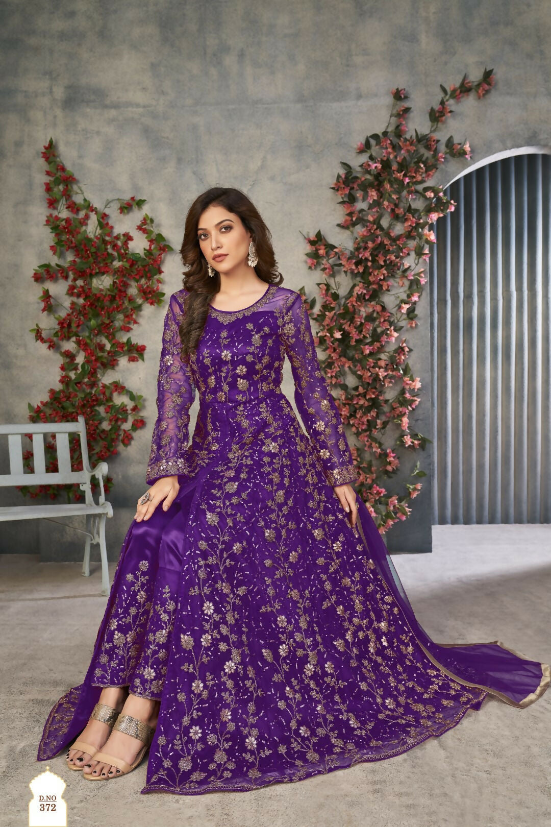 Anaita Purple Embroidered Net Stitched Anarkali suit | Grocsy
