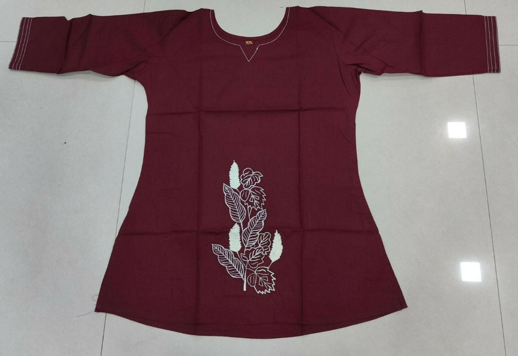 Teeya Creation Womens New Latest Cotton Wine Floral Embroidered Short Kurti | Grocsy