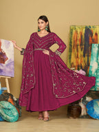 Jyoti Fashion Women's Rani Pink Georgette Embroidered Anarkali Kurta Pant Set With Dupatta | Grocsy