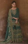 Anaita Dark-Green Silk Readymade Palazzo Suit with Swarovski Work | Grocsy