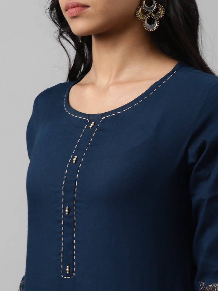 Yufta Women Navy Blue And Golden Pure Cotton Solid Kurta with Palazzo and Dupatta | Grocsy