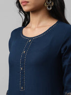 Yufta Women Navy Blue And Golden Pure Cotton Solid Kurta with Palazzo and Dupatta | Grocsy