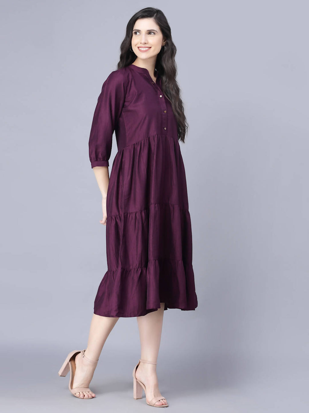 Myshka Silk Solid 3/4 Sleeve V Neck Purple Women Dress | Grocsy