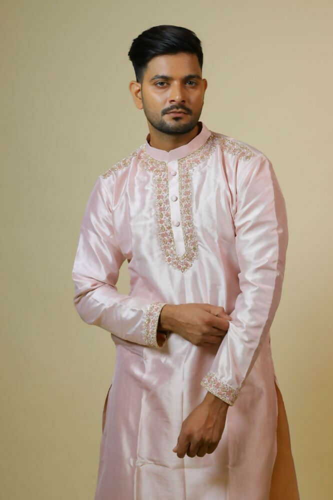 Light Coral Embroidered Collar Designer Kurta by Hilo Design | Grocsy