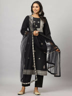 Juniper Women's Black Chinnon Solid Embroidered Kurta Set | Grocsy