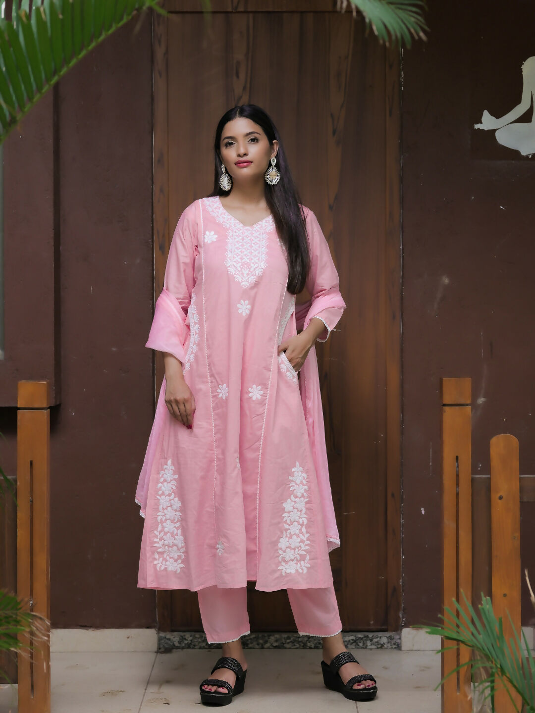 The52 Women's Beautiful Thread Work Cotton satin Fabric Flared Kurta Pant and Dupatta Set | Grocsy