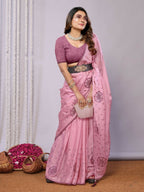 Pink Zari Organza Stone Work All Over Saree - Norita Saumya | Grocsy