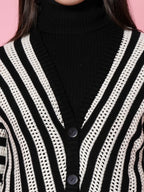 Women Black Acrylic Stripe Cardigan - Wool Trees | Grocsy