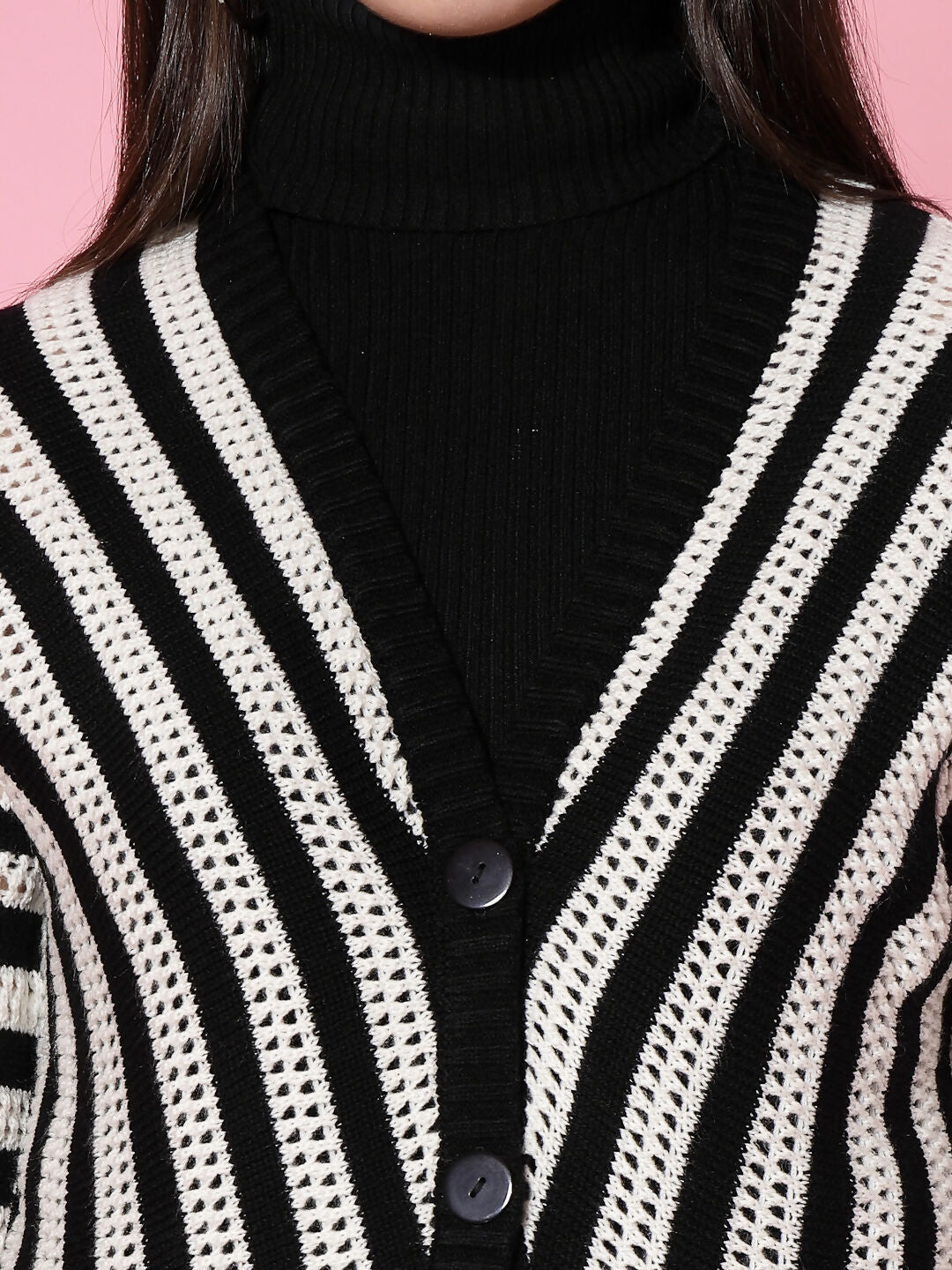 Women Black Acrylic Stripe Cardigan - Wool Trees | Grocsy