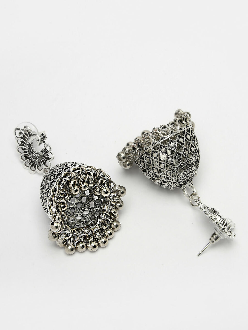 NVR Women's Silver-Toned Peacock Design German Silver Oxidised Dome Shaped Jhumka Earrings | Grocsy