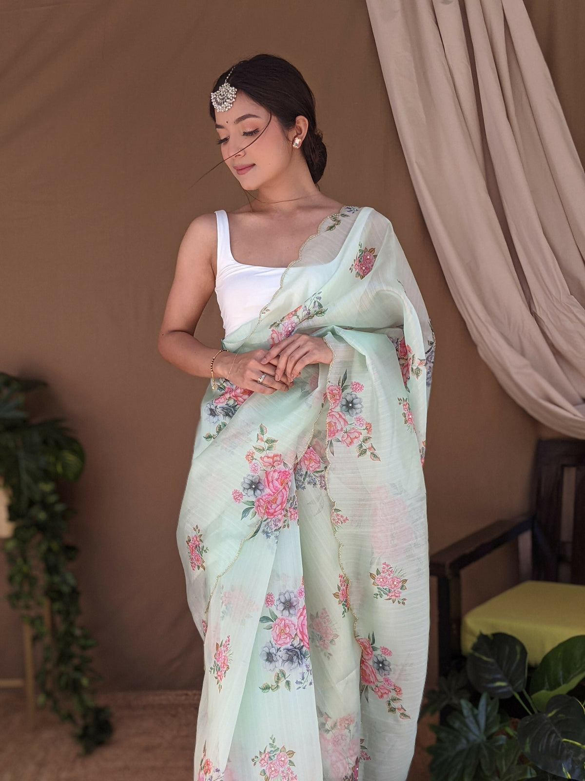 Vamsee Khadi Khatali Green Khadi Organza Saree | Grocsy