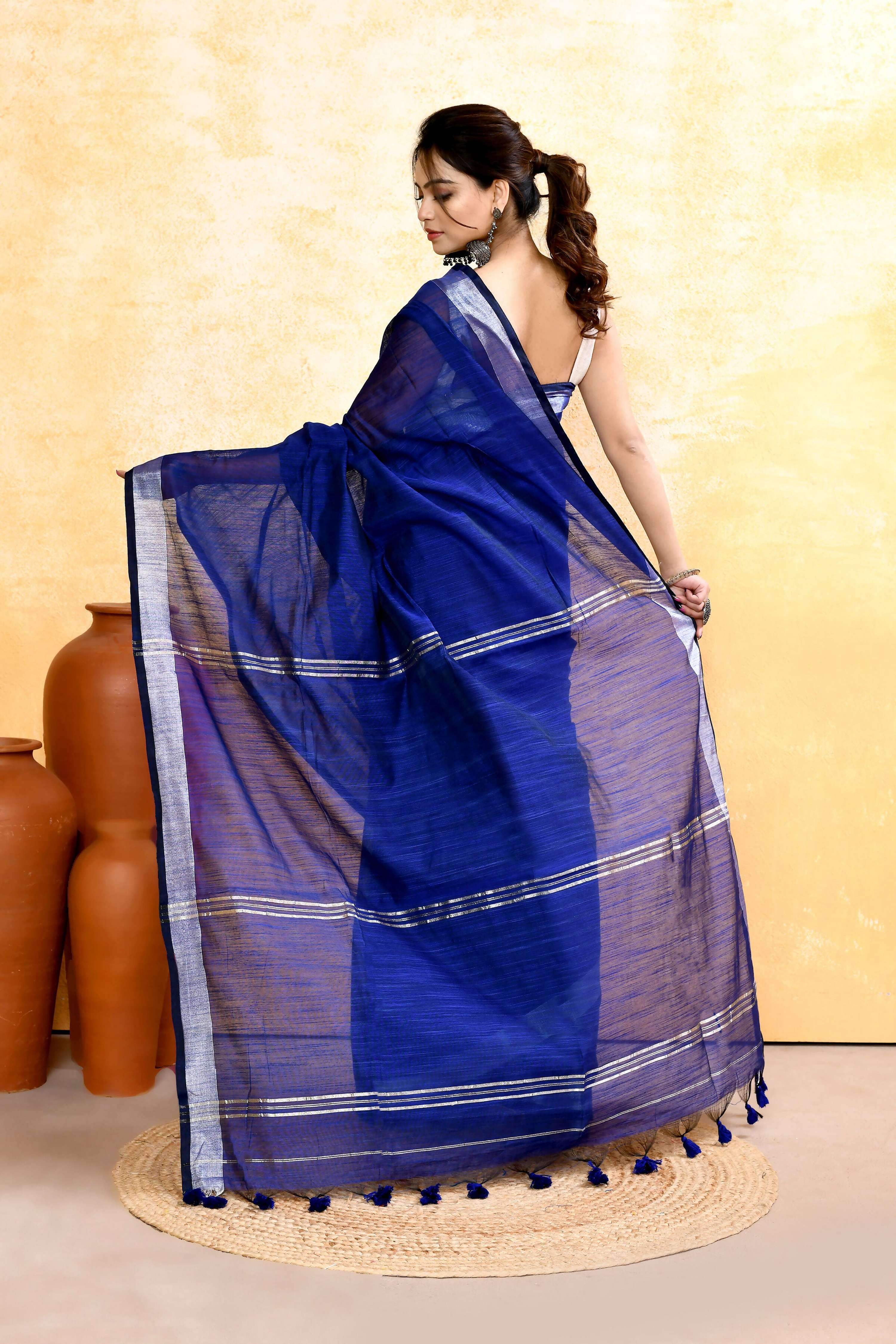 Piyari Fashion Women's Royal Blue Embellished Cotton Blend Zari Border Handloom Saree | Grocsy