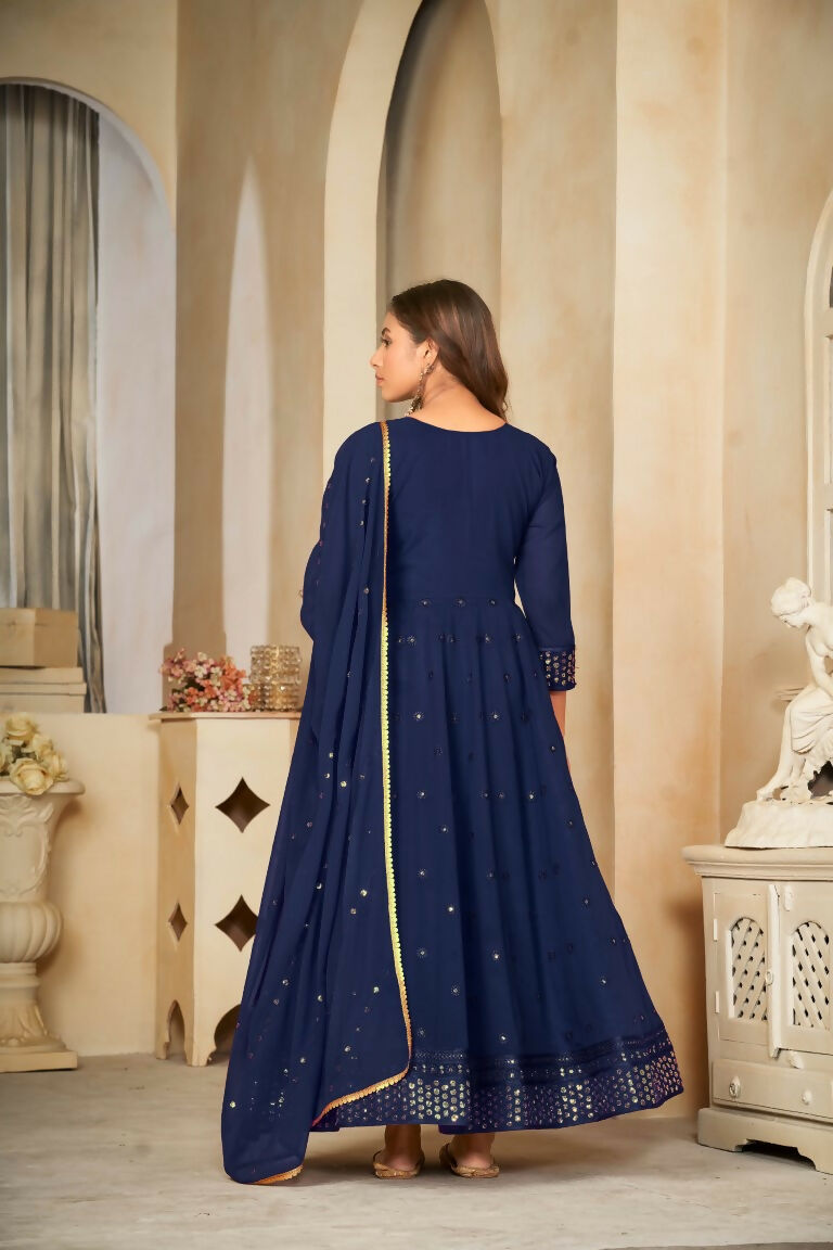 Jyoti Fashion Women's Blue Georgette Embroidered Anarkali Kurta Pant Set With Dupatta | Grocsy