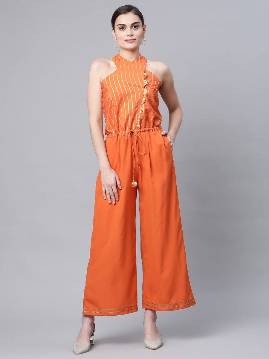 Ahalyaa Womens Orange Crepe Gold Stripped Print Jumpsuit | Grocsy