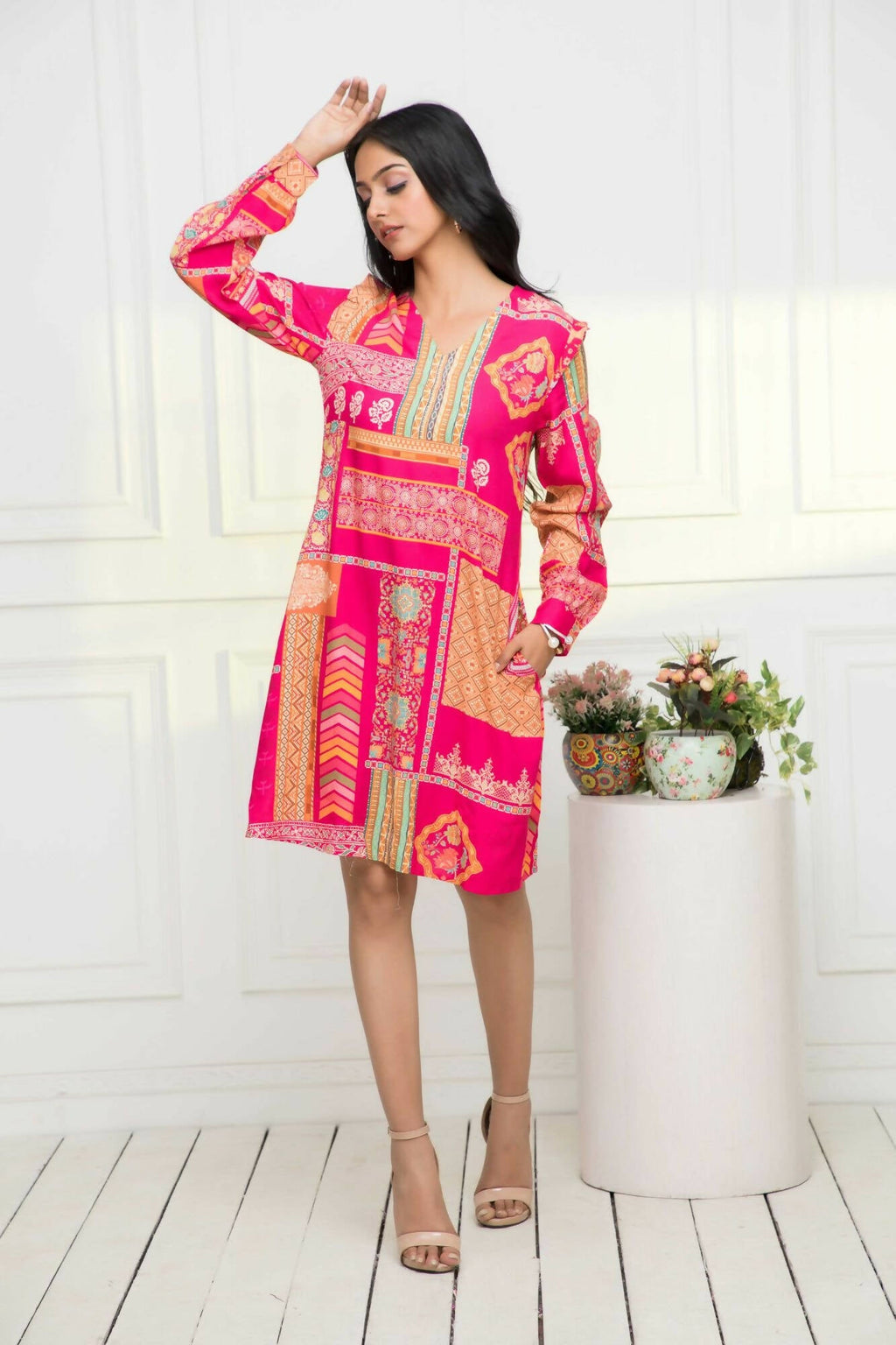 Myshka Women Red Geometric Rayon A-Line Round Neck Dress | Grocsy