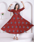Miravan Womens Rust Floral Printed Pure Cotton Gota Patti Angrakha Kurta | Grocsy