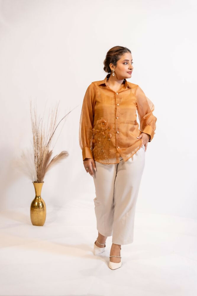 Timaraa Rust Brown Organza Shirt With Pearl & Katdana Embellishment | Grocsy
