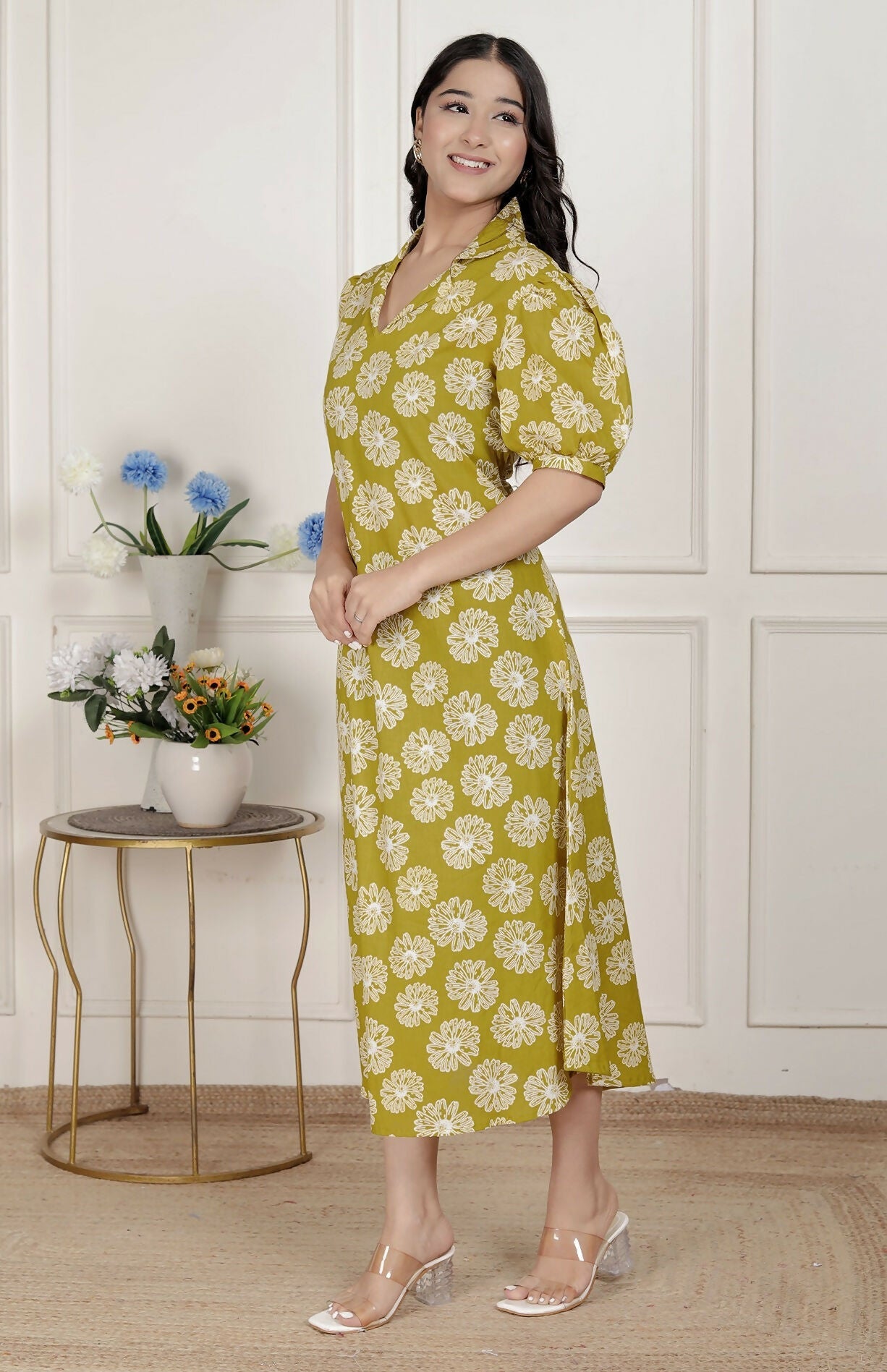 Miravan Women'S Yellow Printed Puff Sleeve Floral Maxi Party Dress | Grocsy