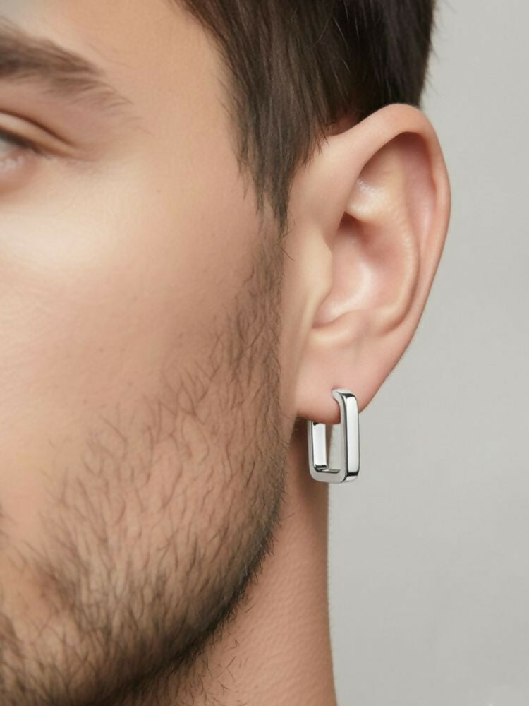 NVR Men's Silver Plated Geomatric Shaped Hoop Earrings | Grocsy