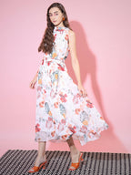 Myshka Women's White Floral Printed Empire Dress | Grocsy