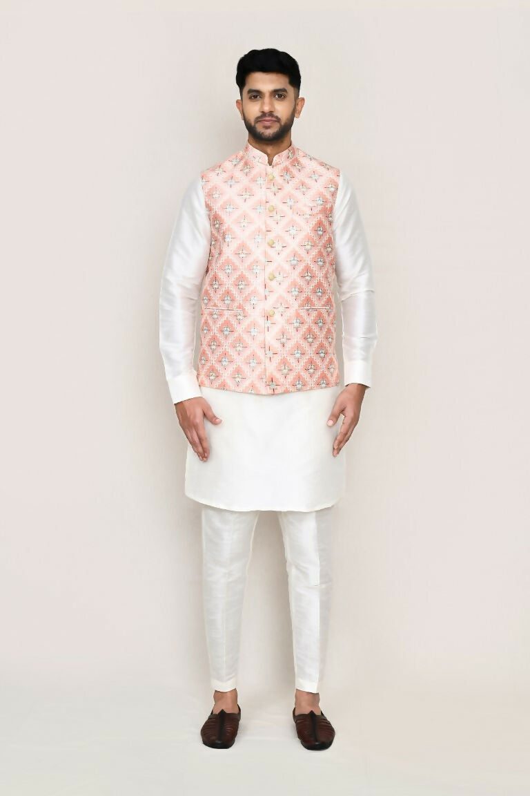 Joban Fashion White Colored Art Silk Fabric Kurta, Jacket With Straight Fit Pant | Grocsy