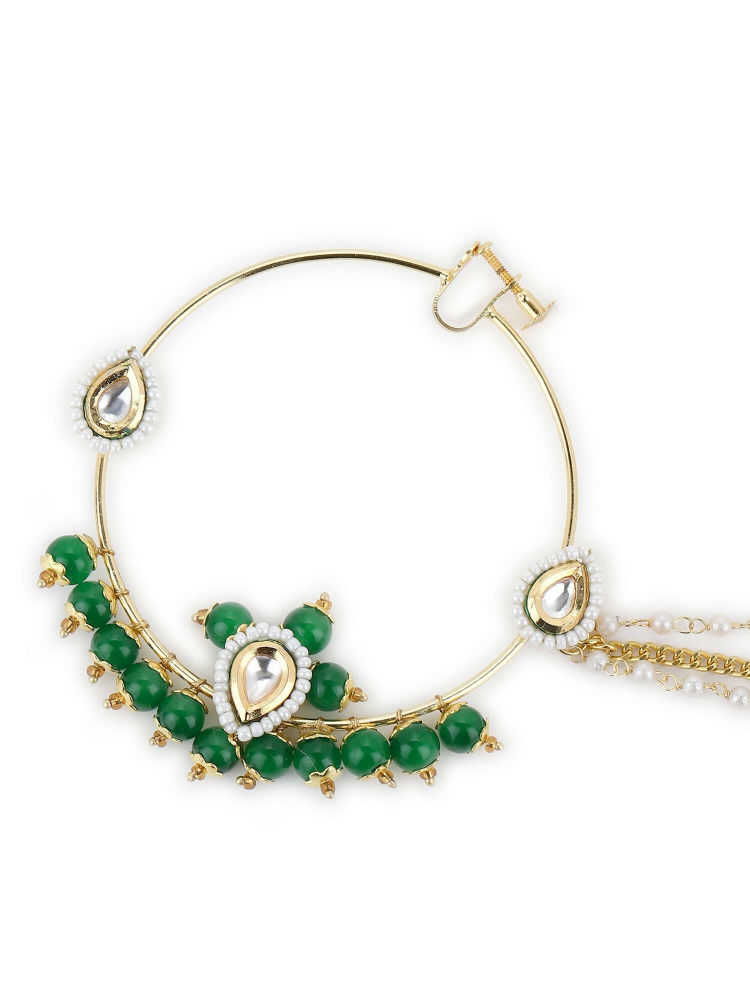 Gold-Polished White Green Kundan-Studded Pearl Beaded Nosepin - Ruby Raang | Grocsy