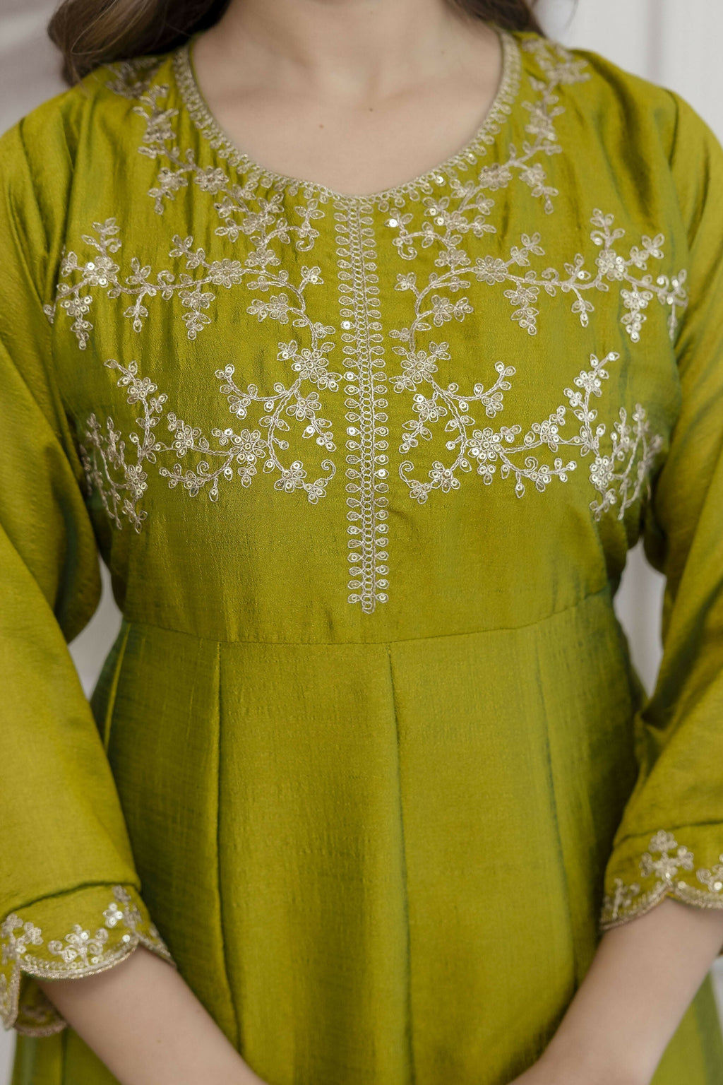 The52 Light Green Women's Beautiful Vichitra Silk Fabric Embroidered Work Flared Anarkali Pant and Dupatta Set | Grocsy