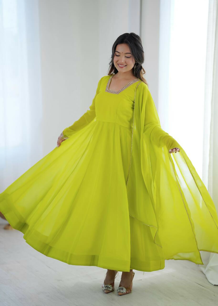Teeya Creation Women'S Lime Parrot Green Solid Flared Anarkali Kurta With Dupatta Set | Grocsy