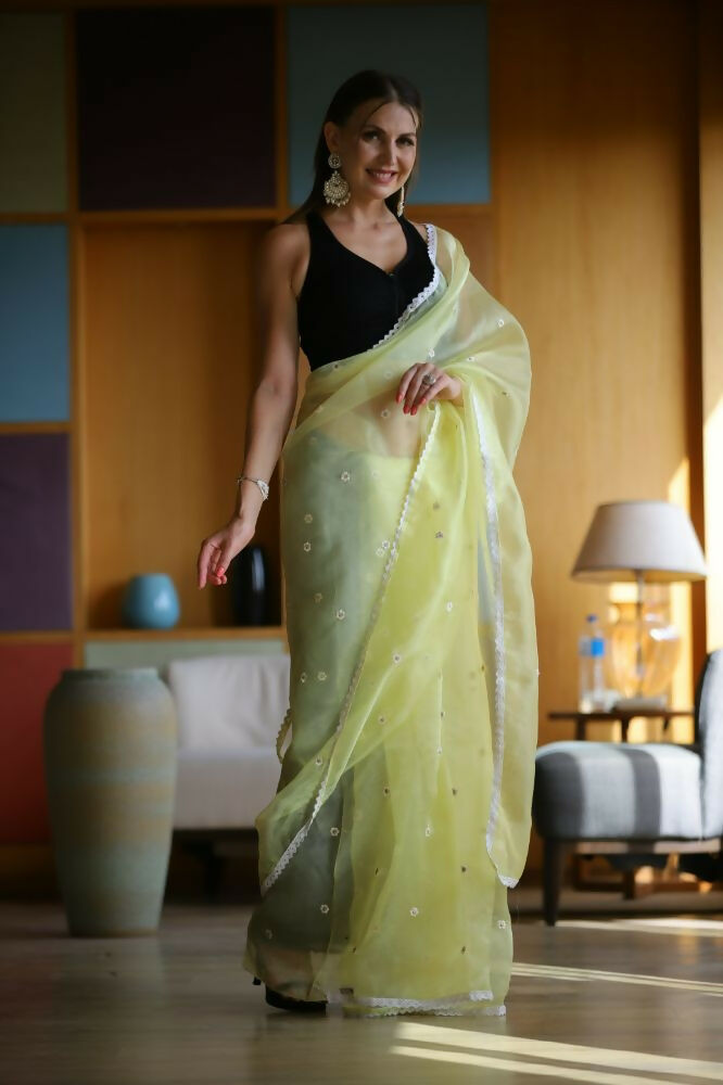 Vamsee Manbhari Yellow Organza Saree | Grocsy