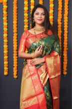 Jyoti Fashion Women's Bottle Green Kanjivaram Silk Zari Woven Saree with Blouse | Grocsy