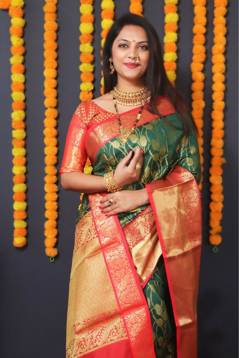Jyoti Fashion Women's Bottle Green Kanjivaram Silk Zari Woven Saree with Blouse | Grocsy