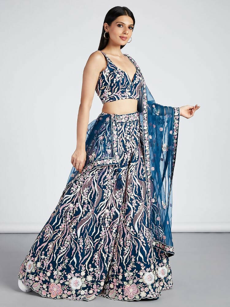 House of Panchhi Navy Blue Net Sequins And Thread Embroidery Lehenga Choli & Dupatta | Grocsy