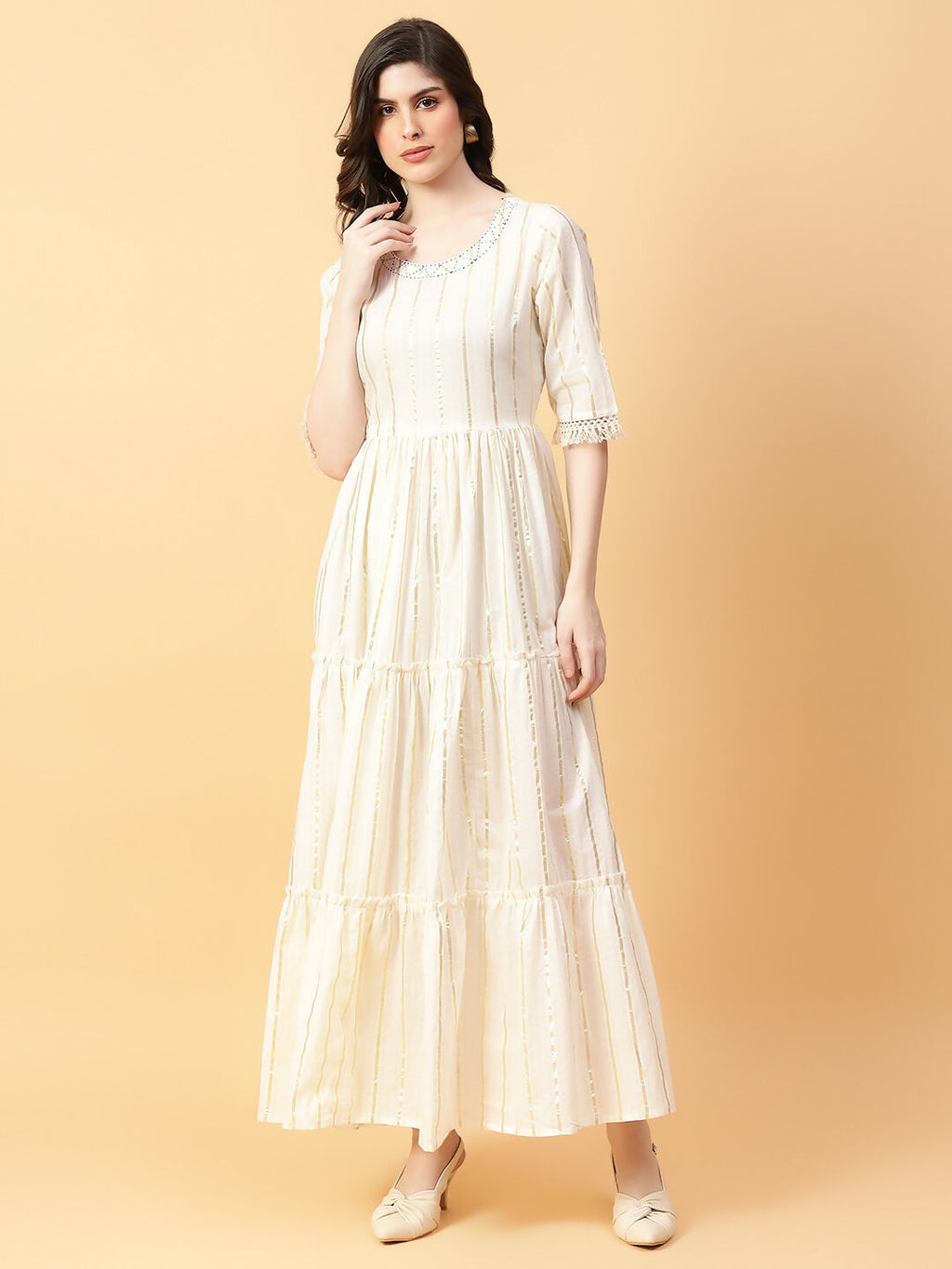 Joban Fashion Cream Cotton Lurx & Hand Work Dress | Grocsy