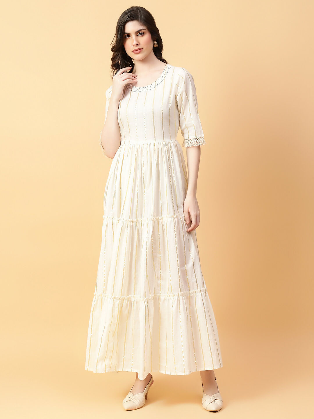 Joban Fashion Cream Cotton Lurx & Hand Work Dress | Grocsy