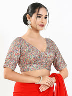 Joban Fashion Multi Mulberry Silk Padded Blouse With V Neck Elbow Sleeves | Grocsy