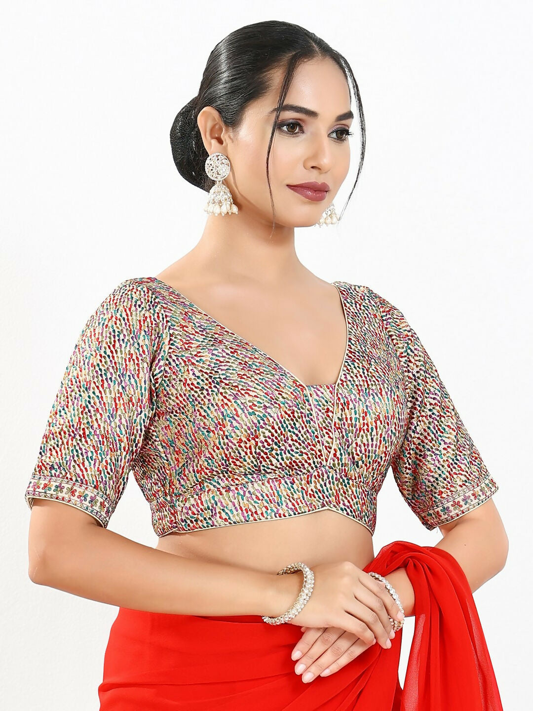 Joban Fashion Multi Mulberry Silk Padded Blouse With V Neck Elbow Sleeves | Grocsy