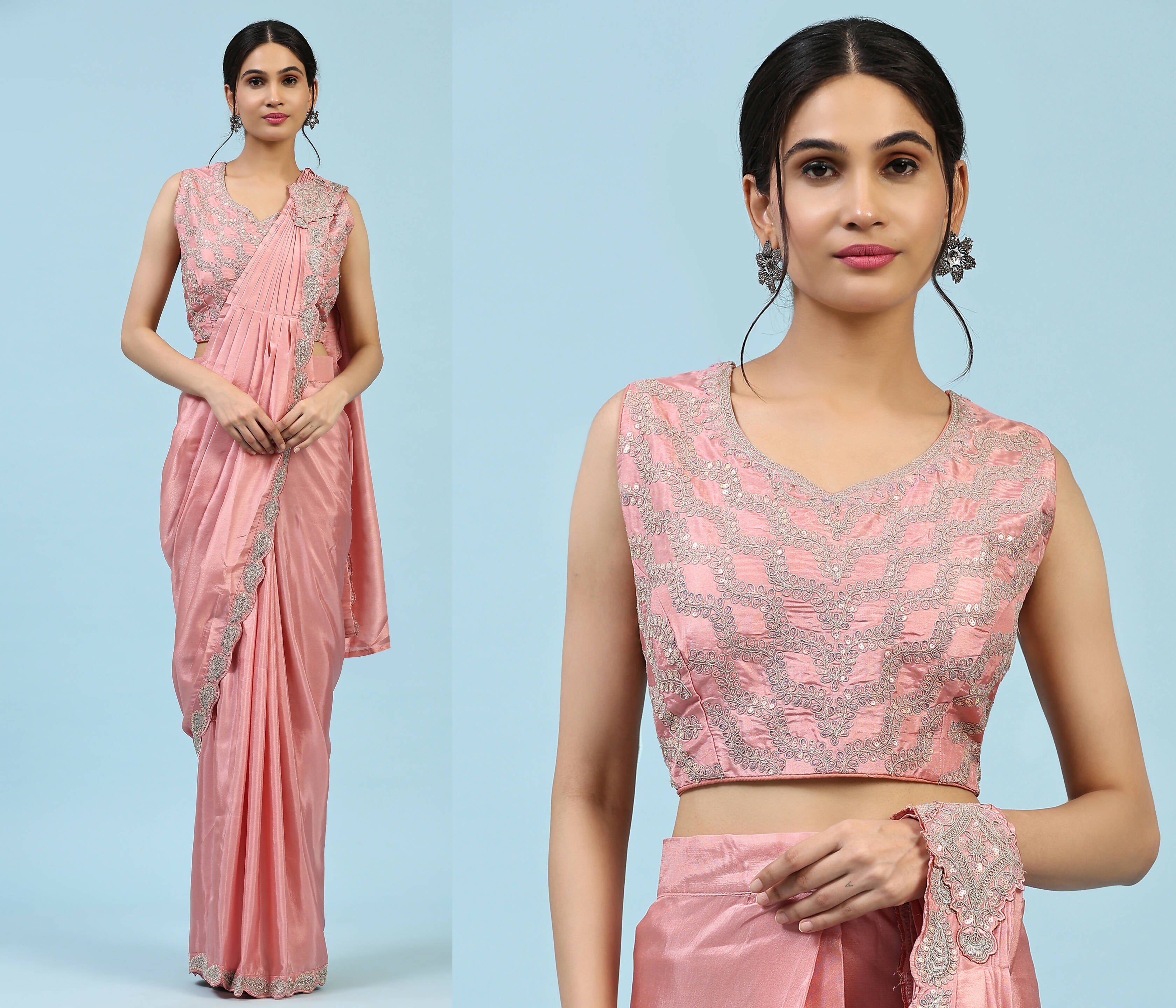 Peach Silk Satin Plain Ready to wear Saree with stitched Blouse - Vrinda | Grocsy