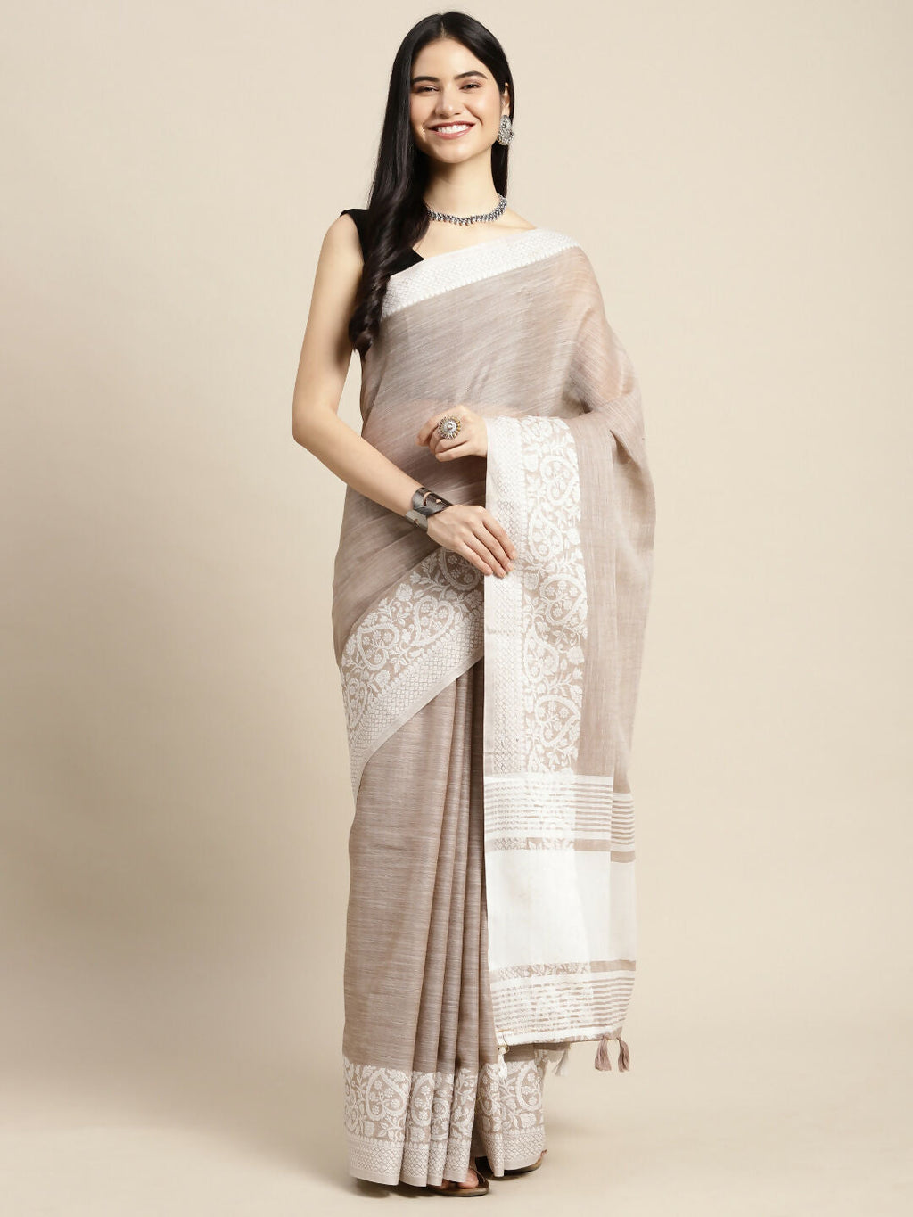 Shree Shyam Fashion Linen Beige Saree | Grocsy