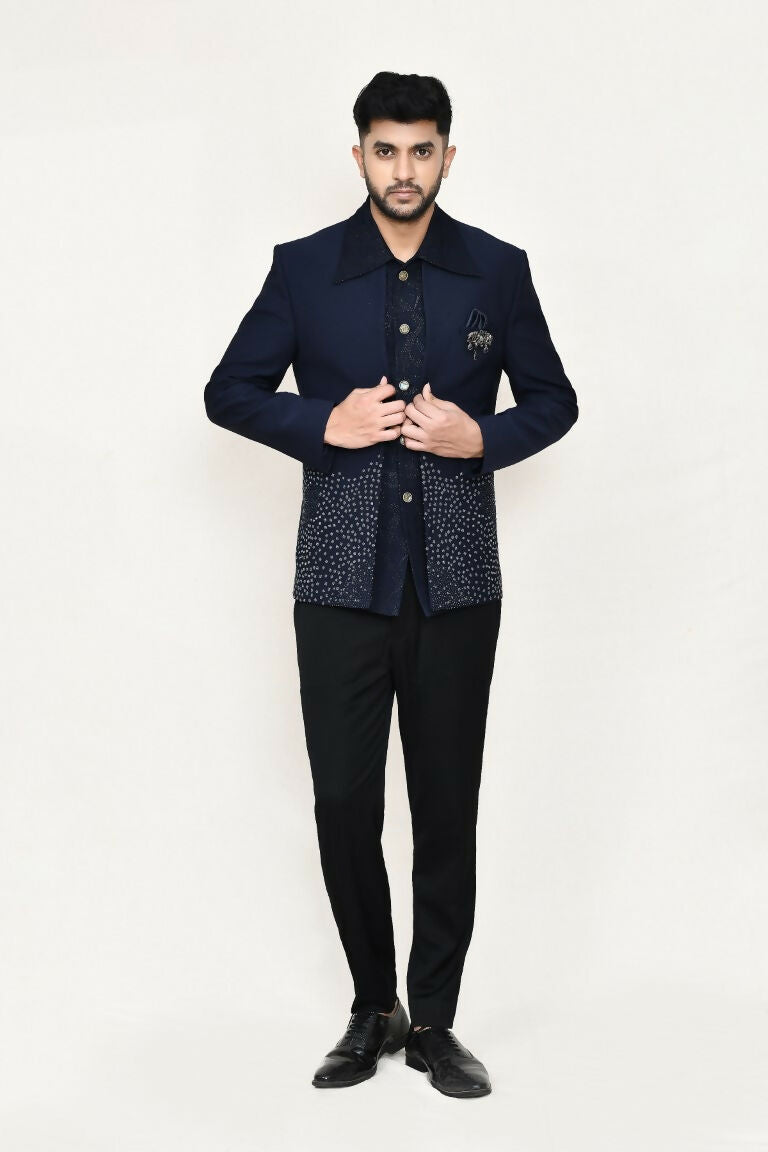 Joban Fashion Blue Colored Terry Rayon Based With Geometry Work Fabric Open Prince Coat, Jacket With Pant | Grocsy