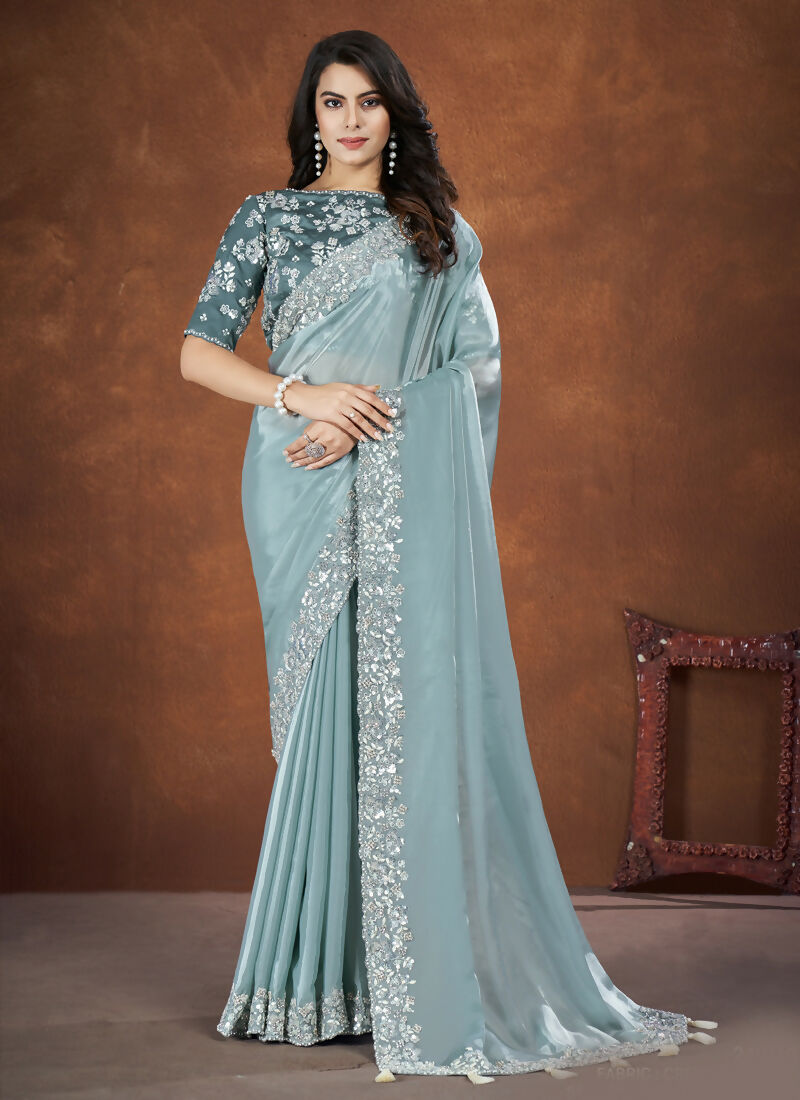 Blue Crepe Satin Silk Embroidered Saree with stitched Blouse - Mohmanthan Saha Saki | Grocsy