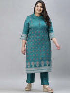 Sztori Plus Size Floral Foil Printed Straight Kurta With Trouser | Grocsy