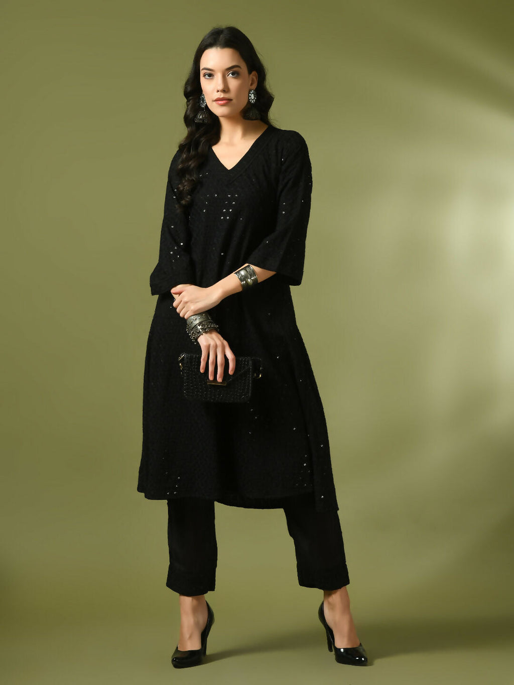 Myshka Women's Black Embroidered Cotton A-Line Party Kurta Set | Grocsy