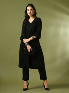 Myshka Women's Black Embroidered Cotton A-Line Party Kurta Set | Grocsy