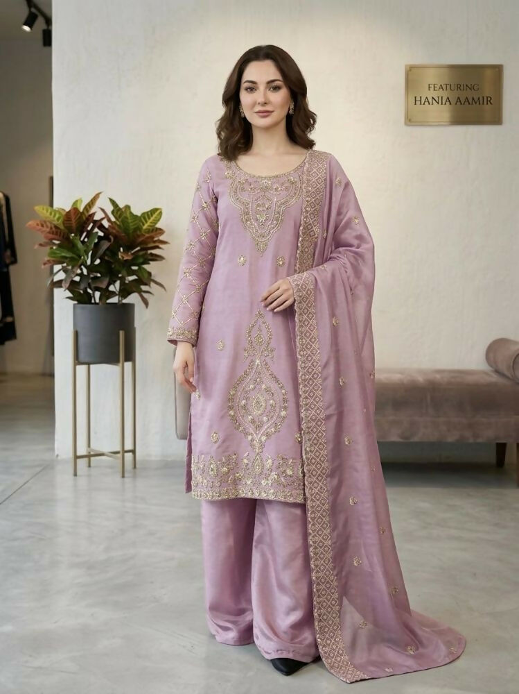 Teeya Creation Onion Color Gimmychu Silk Embroidery Work Wedding Wear Salwar Suit | Grocsy