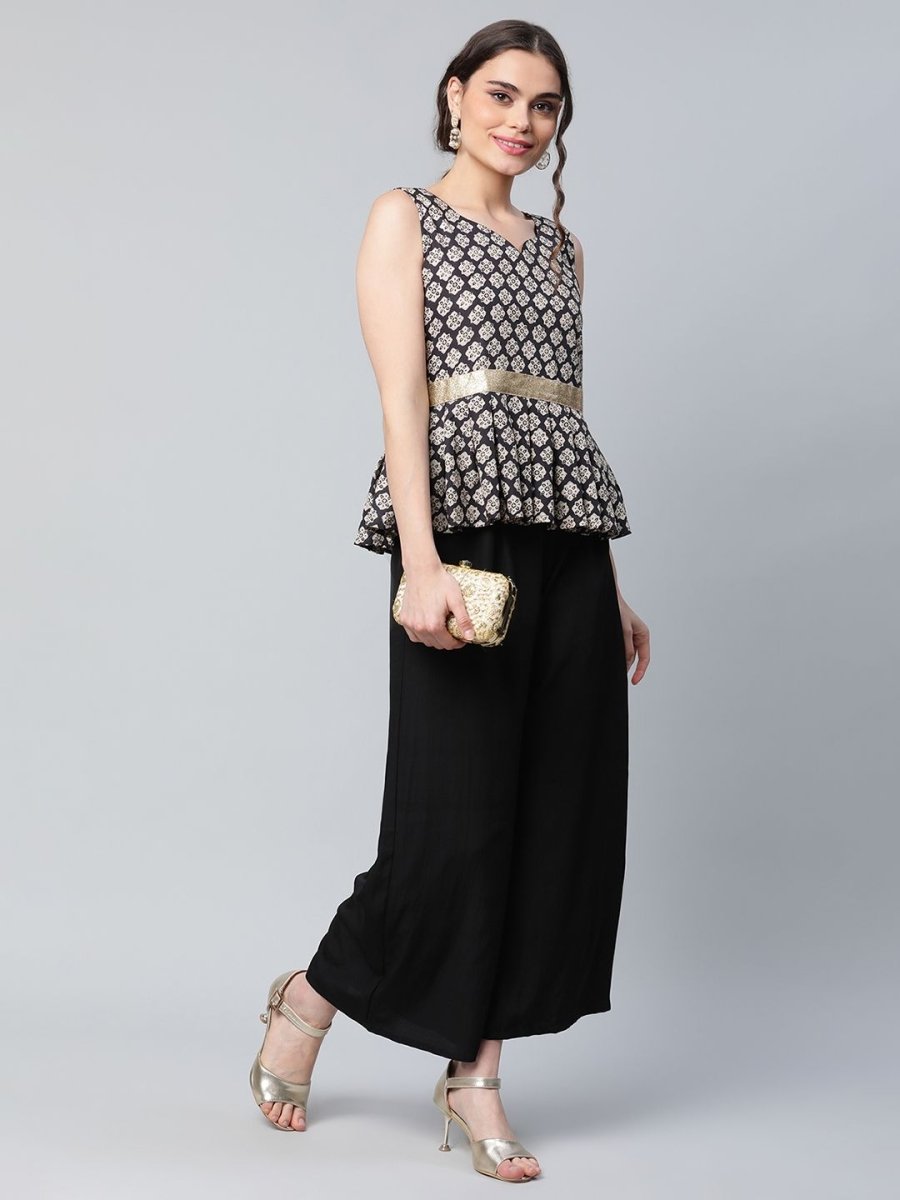 Ahalyaa Women Black Crepe Digital Printed Top with Palazzo Set | Grocsy